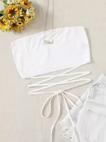 Soleia WYWH 度假交叉系带露肩白色短款抹胸上衣 - 白色 - 查看 1