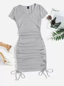 Muchica V-neck Drawstring Ruched Side Dress - Light Grey - View 1