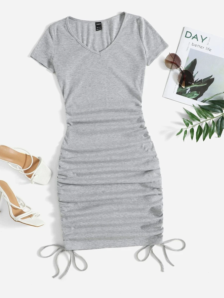 Muchica V-neck Drawstring Ruched Side Dress - Light Grey - View 1