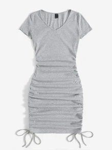 Muchica V-neck Drawstring Ruched Side Dress - Light Grey - View 5