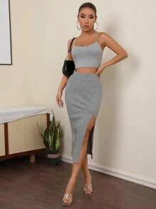 SHEIN Crop Cami Top & Split Thigh Skirt Set - Light Grey - View 1