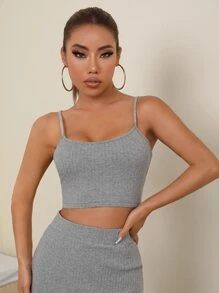 SHEIN Crop Cami Top & Split Thigh Skirt Set - Light Grey - View 3