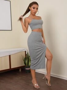 SHEIN Crop Cami Top & Split Thigh Skirt Set - Light Grey - View 4