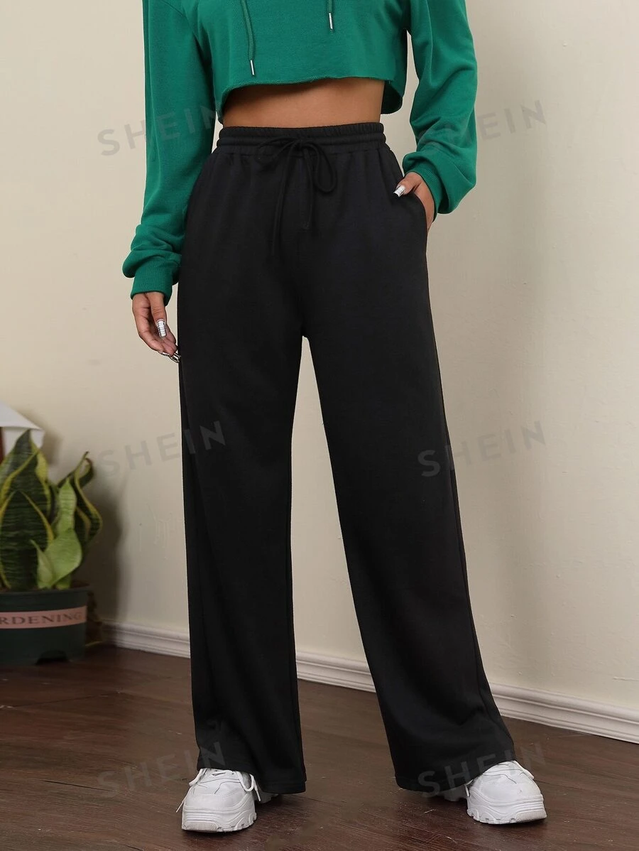 SHEIN PETITE Pantalones de chándal negros de cintura con cordón, para mujeres de talla pequeña - Negro - Ver 1
