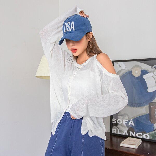 

Cut Out Shoulder Button Up Top, White