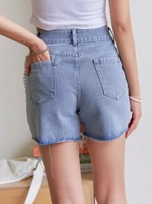 DAZY Ripped Raw Hem Chain Detail Denim Shorts