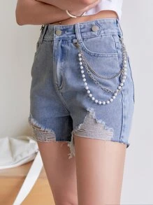 DAZY Ripped Raw Hem Chain Detail Denim Shorts