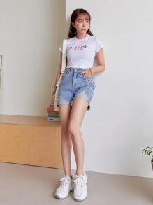 DAZY Ripped Raw Hem Chain Detail Denim Shorts