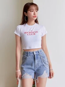 DAZY Ripped Raw Hem Chain Detail Denim Shorts