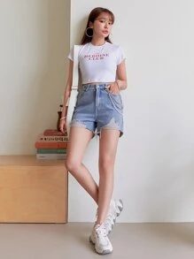 DAZY Ripped Raw Hem Chain Detail Denim Shorts