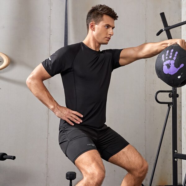 

Men Raglan Sleeve Sports Tee & 2 In 1 Shorts, Black