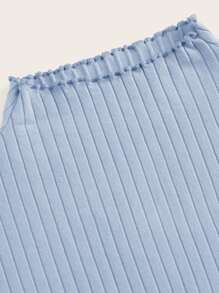 SHEIN Essnce Camiseta tejida de canalé ribete en forma de lechuga rosada neón - Neblina azul - Ver 3