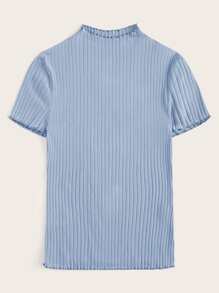 SHEIN Essnce Camiseta tejida de canalé ribete en forma de lechuga rosada neón - Neblina azul - Ver 4