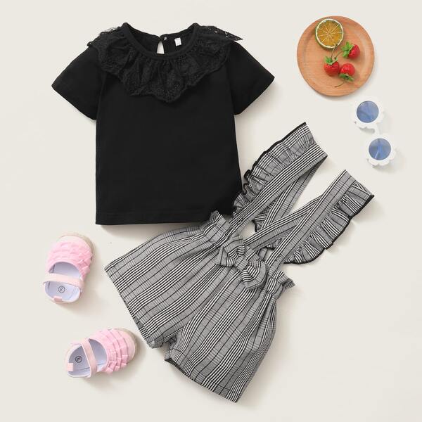 

Baby Lace Trimed 1 Tee & Tartan 1 Suspender Shorts, Multicolor