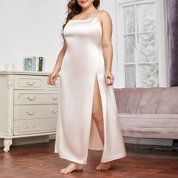 

Plus Satin Split Thigh Tie Back Cami Night Dress, Apricot