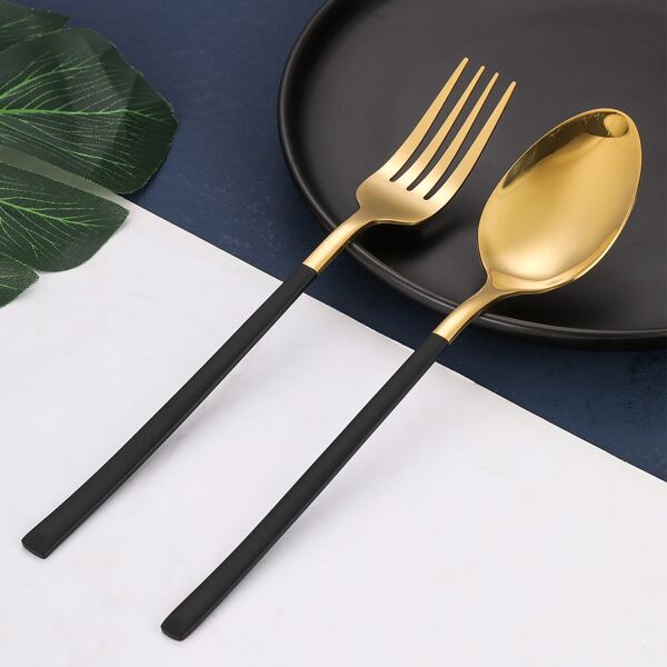 

1pc Stainless Steel Spoon & 1pc Fork, Black