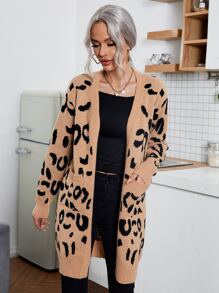 SHEIN LUNE 豹纹落肩开衫，女士春秋休闲口袋落肩常规版型驼色图案女士开衫，休闲日常穿着，长袖上衣 - 駝色 - 查看 4