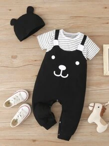 Đứa bé trai Thiết kế tai 3D Sọc Và Đồ họa Hoạt hình 1 Áo liền quần Với 1 Mũ - màu đen - Xem 8