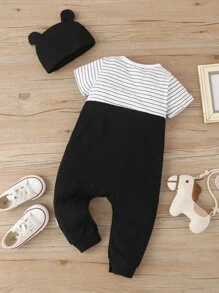 Đứa bé trai Thiết kế tai 3D Sọc Và Đồ họa Hoạt hình 1 Áo liền quần Với 1 Mũ - màu đen - Xem 9