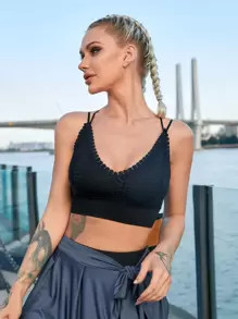 Easithlete Sujetador deportivo soporte medio con encaje en contraste - Negro - Ver 2