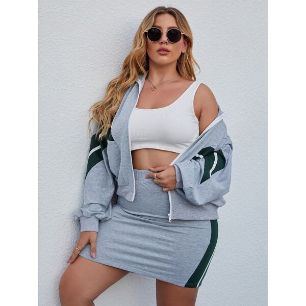 

Plus Color Block Zip Front Jacket With Bodycon Skirt, Grey