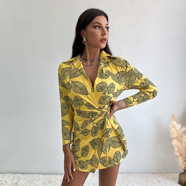 

Leaf Print Knot Side Shirt Dress, Yellow