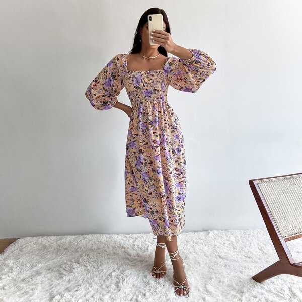 

Allover Floral Print Milkmaid Dress, Multicolor