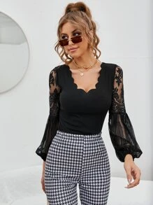SHEIN Frenchy Áo nữ Tương phản ren Sò điệp màu trơn Thanh lịch - màu đen - Xem 4
