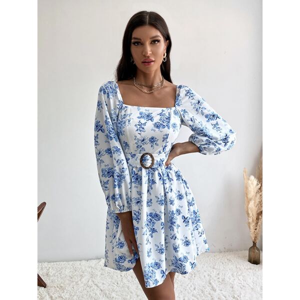 

Floral Print Square Neck Belted Dress, Blue and white