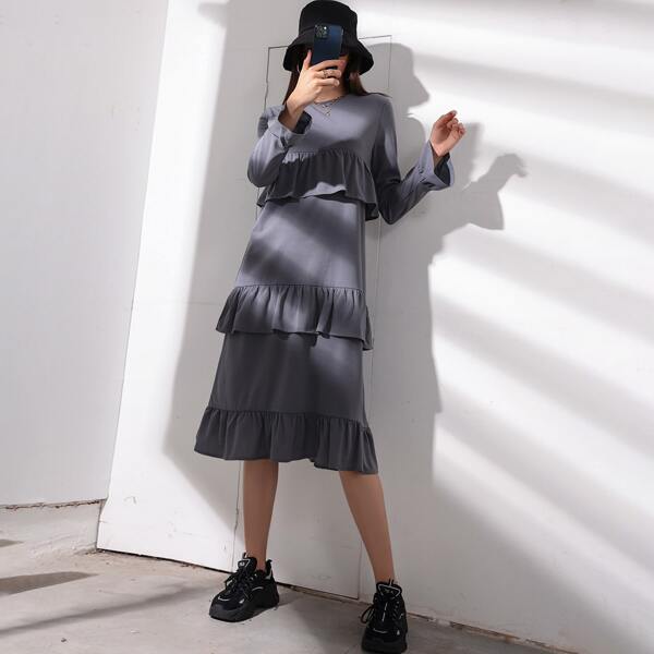 

Flounce Sleeve Ruffle Trim Dress, Dark grey