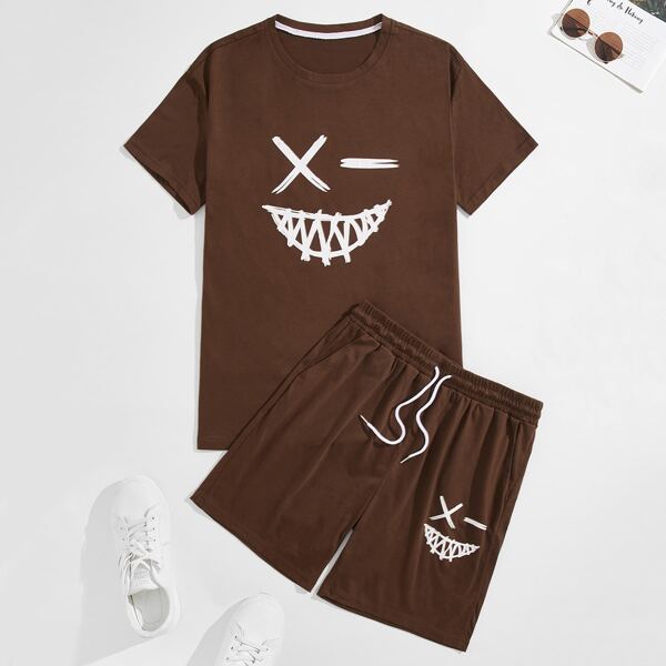 

Men Graphic Print Tee With Track Shorts, Chocolate brown