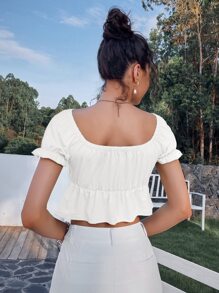 SHEIN Unity Solid Puff Sleeve Ruffle Hem Top - White - View 3