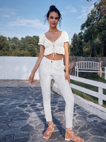 SHEIN Unity Solid Puff Sleeve Ruffle Hem Top - White - View 4