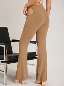 SHEIN Unity O-ring Cut Out Waist Flare Leg Trousers - Camel - View 5