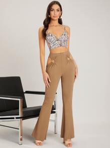 SHEIN Unity O-ring Cut Out Waist Flare Leg Trousers - Camel - View 3