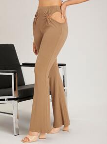 SHEIN Unity O-ring Cut Out Waist Flare Leg Trousers - Camel - View 2