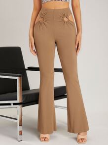 SHEIN Unity O-ring Cut Out Waist Flare Leg Trousers - Camel - View 1
