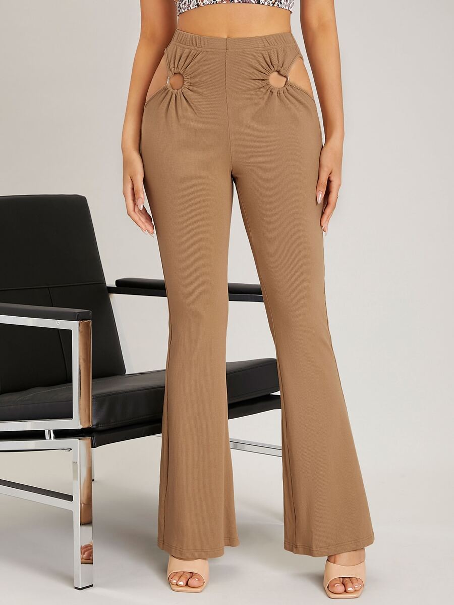 SHEIN Unity O-ring Cut Out Waist Flare Leg Trousers - Camel - View 1