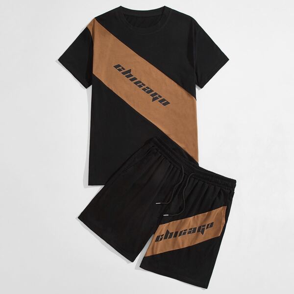 

Men Letter Graphic Color Block Tee & Drawstring Waist Shorts, Black