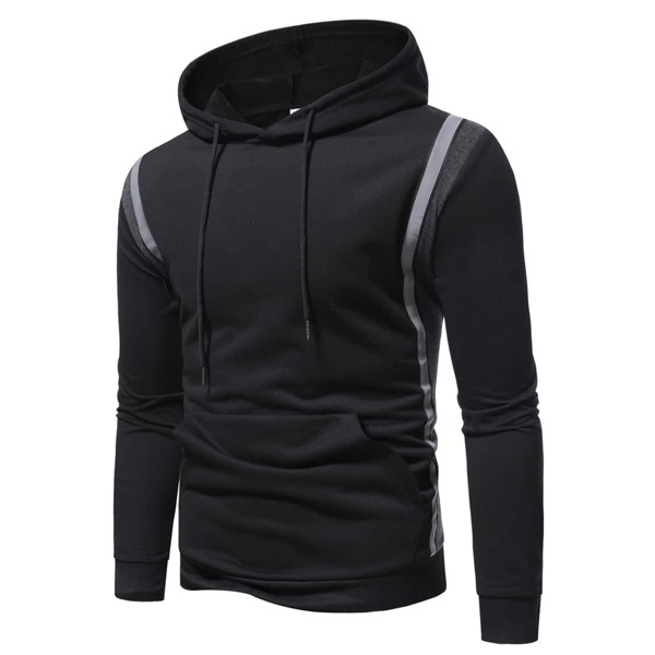 

Men Contrast Tape Kangaroo Pocket Drawstring Hoodie, Black