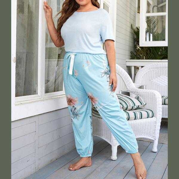 

Plus Floral Print Bow Pajama Set, Blue