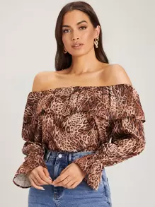 SHEIN 一字肩鐘形袖豹紋上衣 - 彩色 - 查看 1