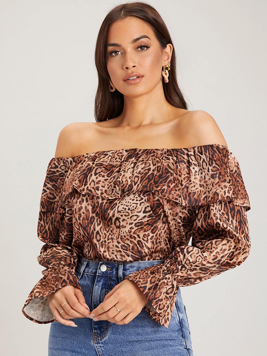 SHEIN 一字肩鐘形袖豹紋上衣 - 彩色 - 查看 1