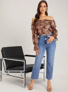 SHEIN 一字肩鐘形袖豹紋上衣 - 彩色 - 查看 2