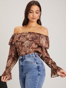 SHEIN 一字肩鐘形袖豹紋上衣 - 彩色 - 查看 4