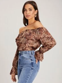 SHEIN 一字肩鐘形袖豹紋上衣 - 彩色 - 查看 3