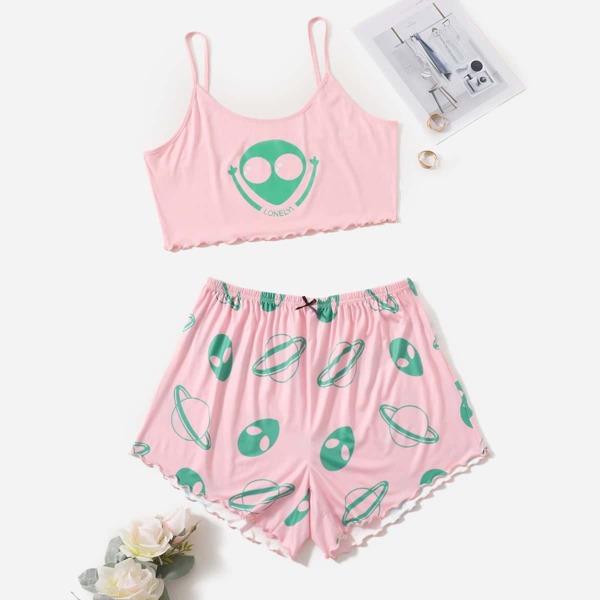 

Plus Alien Print Cami Pajama Set, Pink
