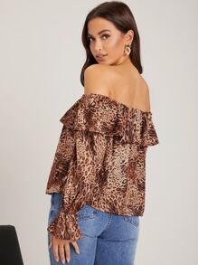 SHEIN 一字肩鐘形袖豹紋上衣 - 彩色 - 查看 5