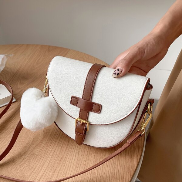 

Two Tone Buckle Decor Crossbody Bag With Bag Charm, White