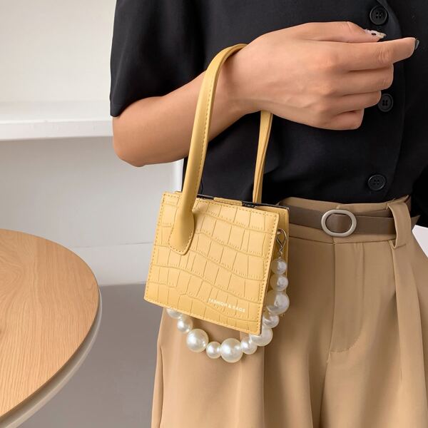 

Mini Croc Embossed Faux Pearl Decor Satchel Bag, Yellow